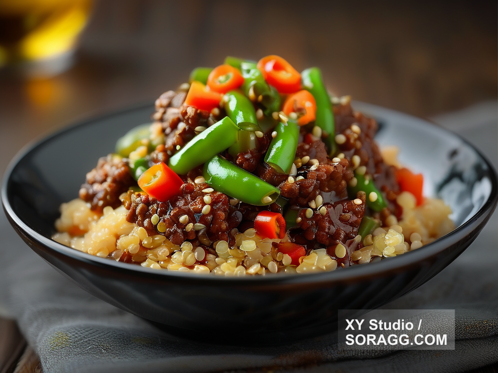 豆豉牛肉末炒四季豆盖藜麦饭